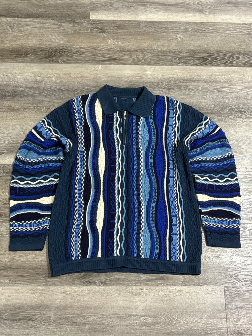 Vintage Blue 3D Knit Collared Coogi Style Sweater Retro Preppy Y2K - Men’s XL